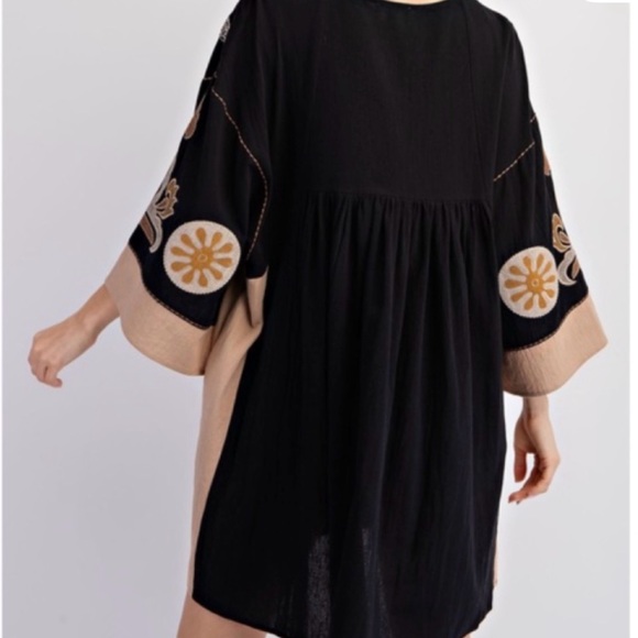 Easel Boho Embroidered Cotton Dress l Black and Tan I Pockets SZ M - Picture 3 of 6